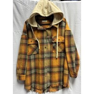 Newin Women's Brown Plaid Hooded Frayed Hem Button Up Shacket Size S